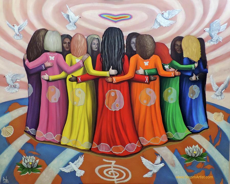 'FEMME - Women Healing The World' Oil on canvas - 48" x 60" inches This painting is Inspired by the film documentary Femme: Women Healing the World the vision of Emmanuel Itier, produced by Celeste Yarnall and Nazim Artist. The image represents a symbolic evocation of the essence of the film with its message of holistic universal harmony between the genders, a co-creative partnership needed to heal the planet in all areas of human endeavour.